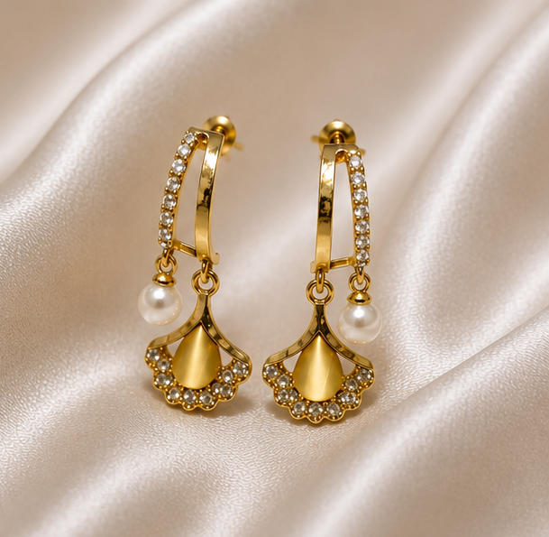 Light Bloom - Pearl Fan Charm Drop Earrings