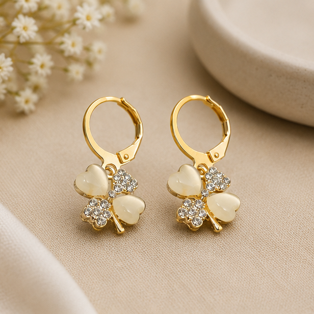 Ivory Clover Charm Hoops