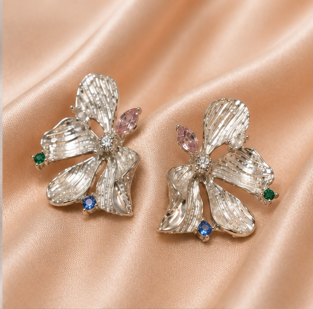 Shine Petal - Silver Bloom Crystal Statement Earrings