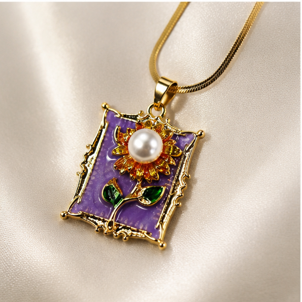 Golden Sunflower Pearl Pendant Necklace