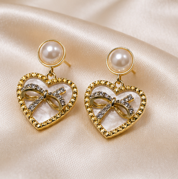 Tiny Twinkle - Pearl Heart Bow Drop Earrings