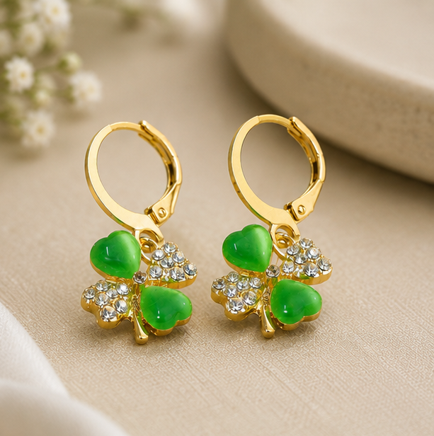 Green Clover Charm Hoops
