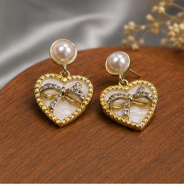 Tiny Twinkle - Pearl Heart Bow Drop Earrings