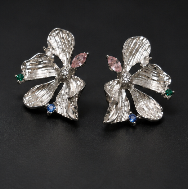 Shine Petal - Silver Bloom Crystal Statement Earrings
