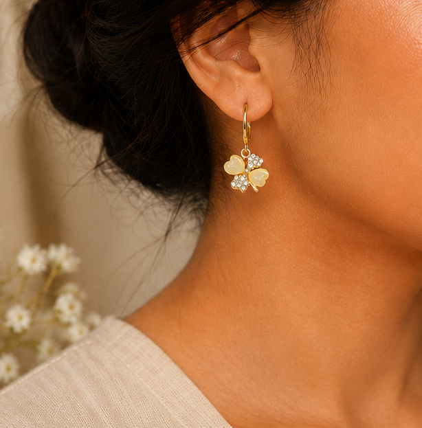 Ivory Clover Charm Hoops