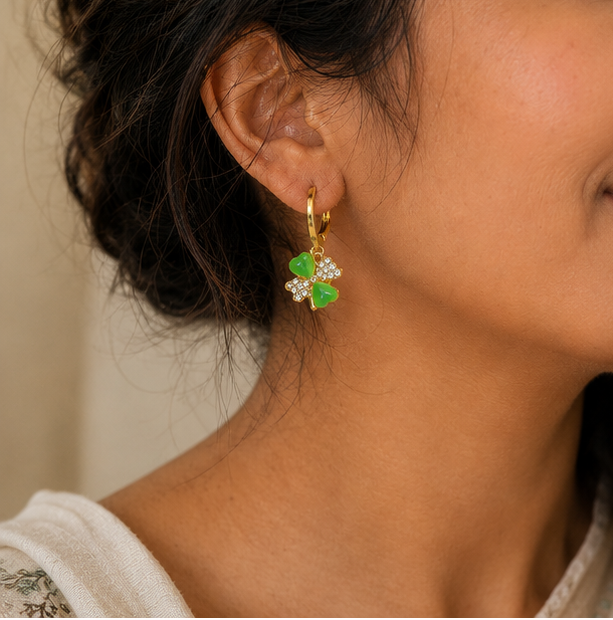 Green Clover Charm Hoops