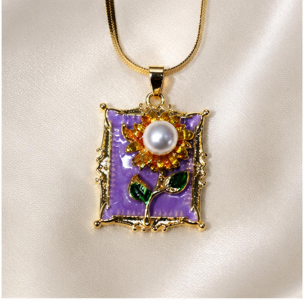 Golden Sunflower Pearl Pendant Necklace