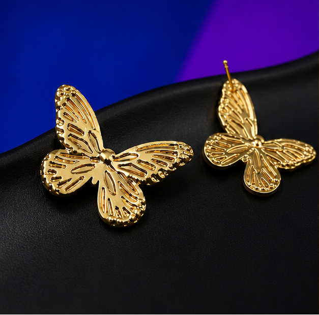 Daylight Glam - Golden Flutter Butterfly Stud Earrings