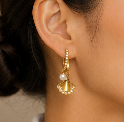 Light Bloom - Pearl Fan Charm Drop Earrings