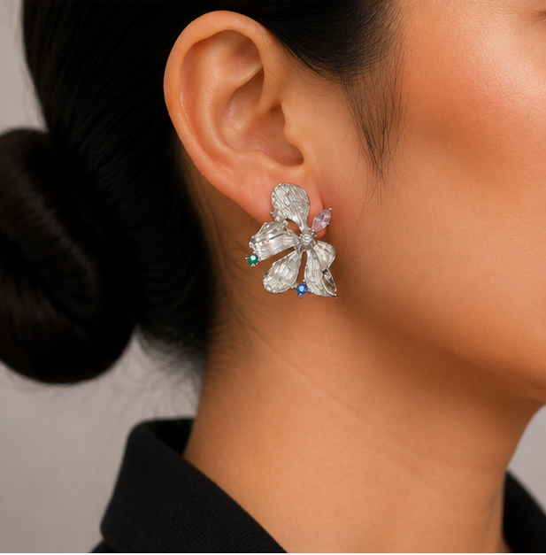 Shine Petal - Silver Bloom Crystal Statement Earrings