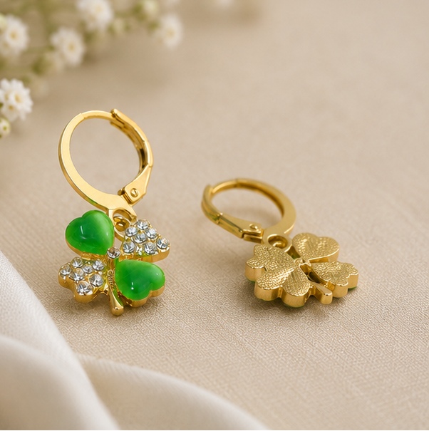 Green Clover Charm Hoops