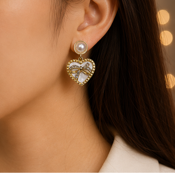 Tiny Twinkle - Pearl Heart Bow Drop Earrings