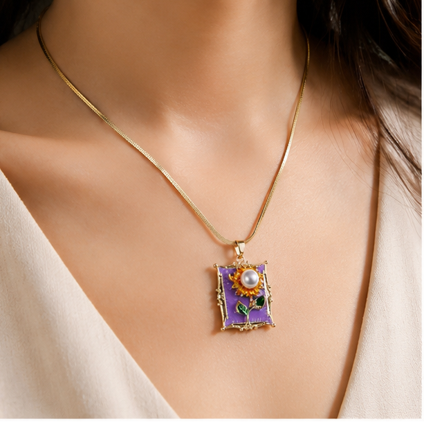 Golden Sunflower Pearl Pendant Necklace